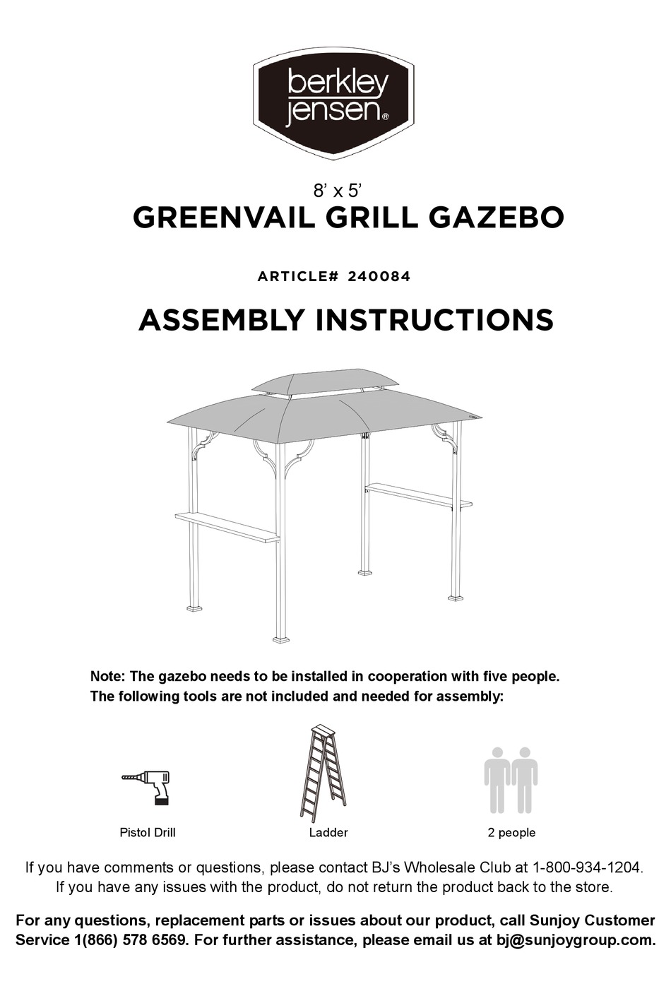 BERKLEY JENSEN GREENVAIL GRILL GAZEBO ASSEMBLY INSTRUCTIONS MANUAL Pdf