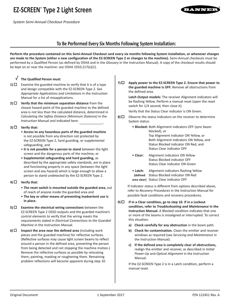 BANNER EZSCREEN 2 CHECKOUT PROCEDURE Pdf Download ManualsLib