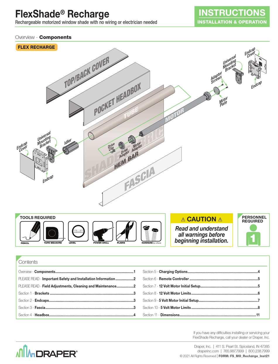 DRAPER FLEXSHADE INSTALLATION & OPERATION INSTRUCTIONS Pdf Download