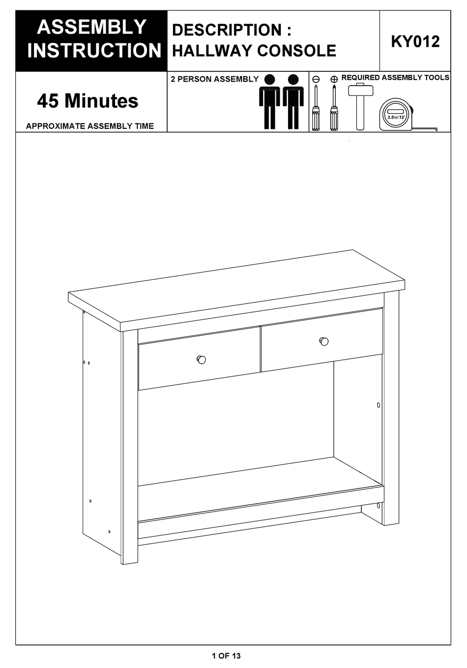 BIG FURNITURE WAREHOUSE DORSET KY012 ASSEMBLY INSTRUCTION MANUAL Pdf