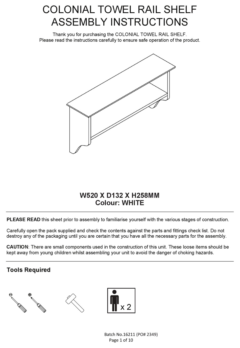 BIG FURNITURE WAREHOUSE COLONIAL G-COLTRSWHT ASSEMBLY INSTRUCTIONS