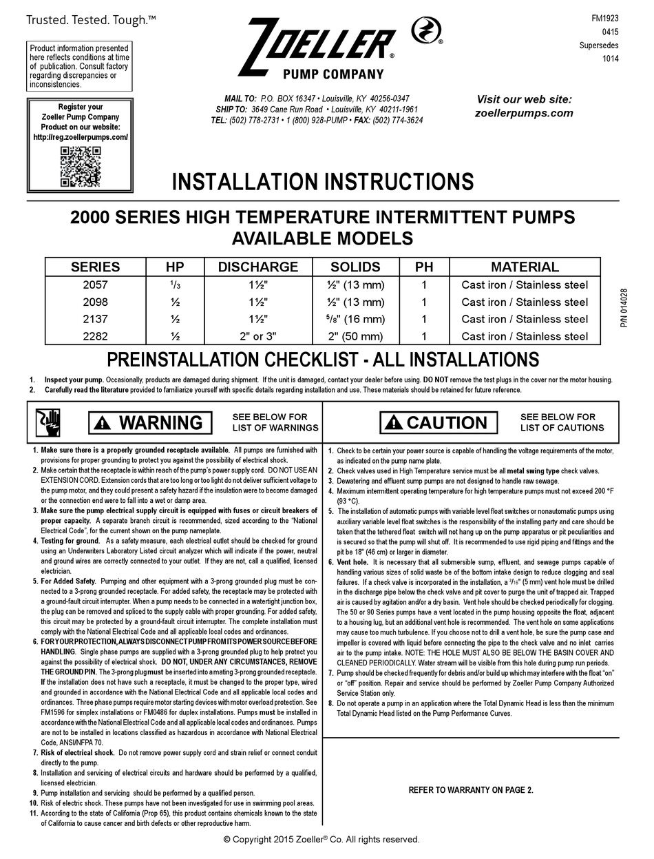 ZOELLER 2000 SERIES INSTALLATION INSTRUCTIONS MANUAL Pdf Download