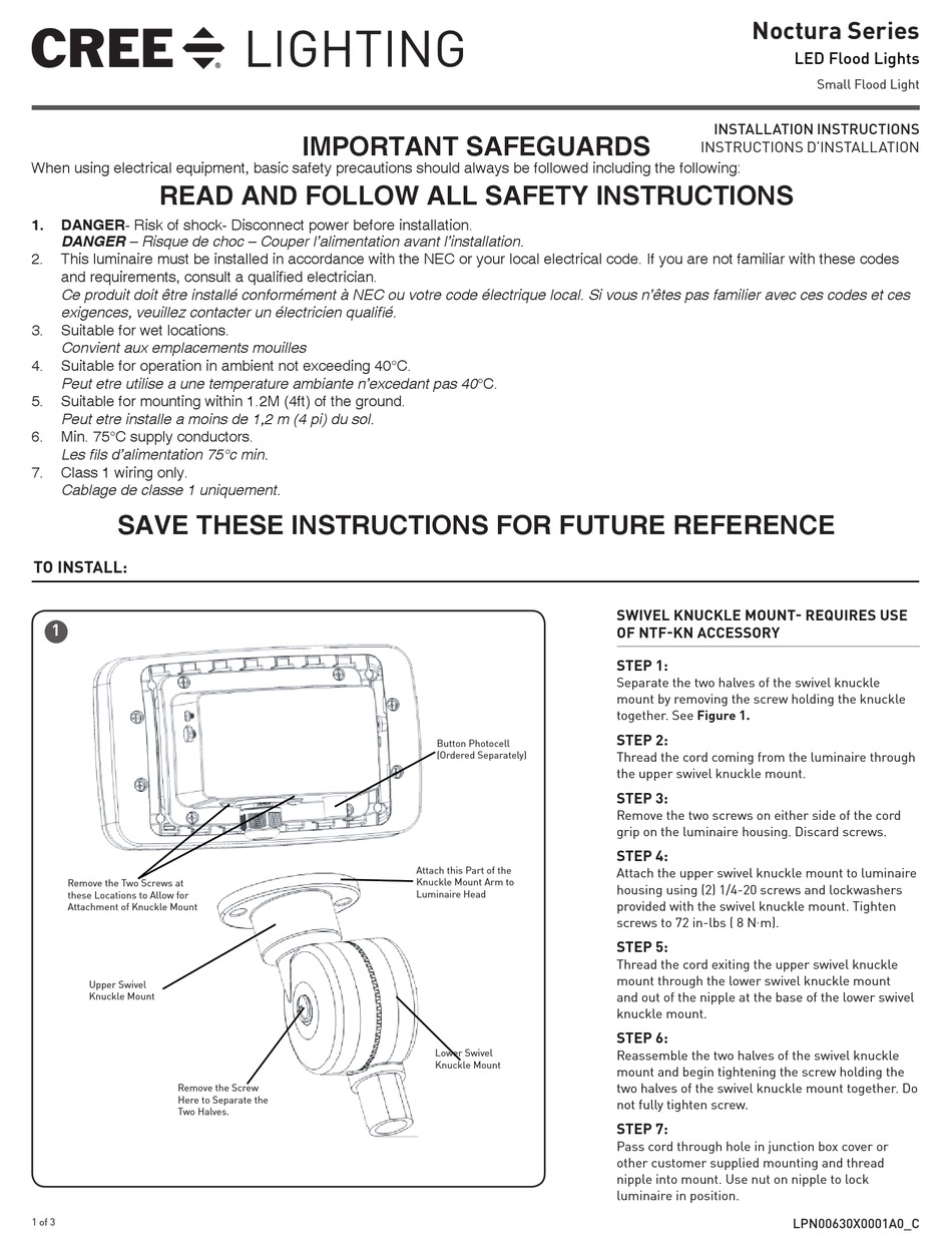 CREE LIGHTING NOCTURA SERIES INSTALLATION INSTRUCTIONS MANUAL Pdf