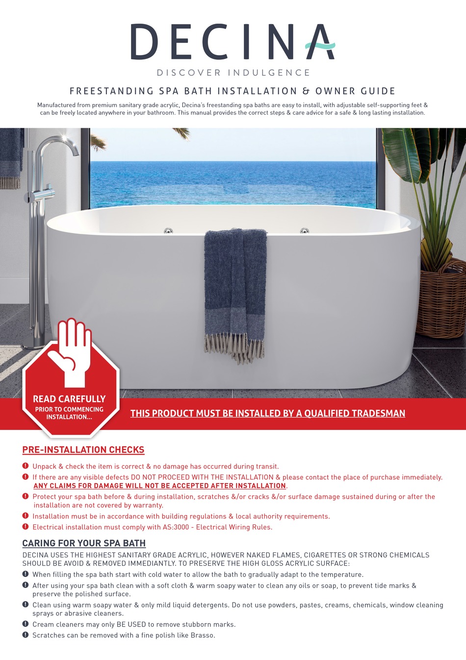 DECINA FREESTANDING SPA BATH INSTALLATION & OWNERS MANUAL Pdf Download