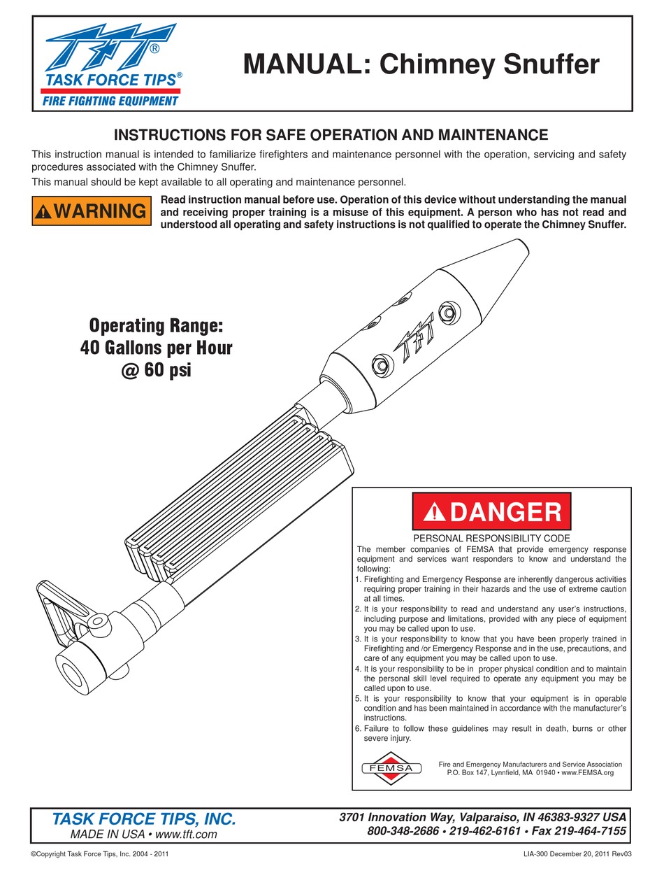 TASK FORCE TIPS CHIMNEY SNUFFER INSTRUCTIONS FOR SAFE OPERATION AND