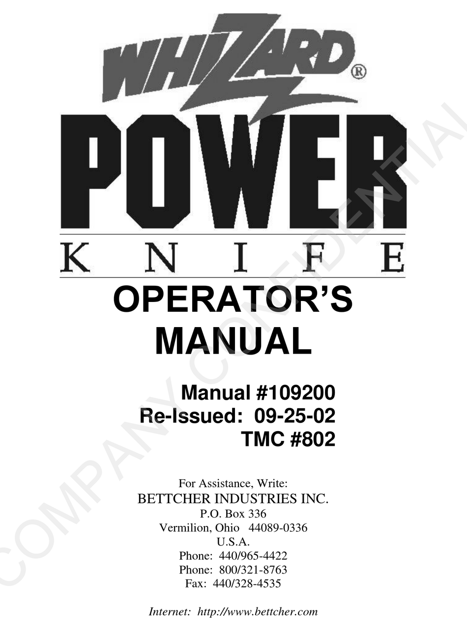 BETTCHER INDUSTRIES WHIZARD POWER KNIFE OPERATOR'S MANUAL Pdf Download