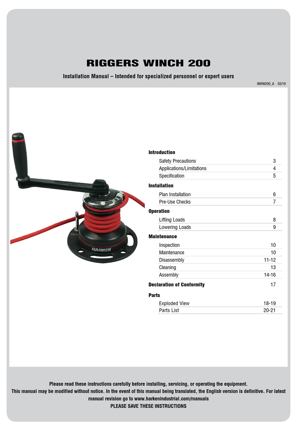 HARKEN RIGGERS WINCH 200 INSTALLATION MANUAL Pdf Download ManualsLib