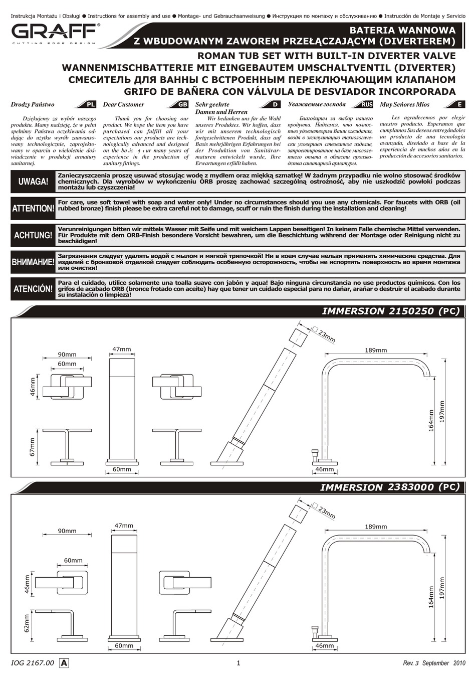 GRAFF IMMERSION 2150250 INSTRUCTIONS FOR ASSEMBLY AND USE Pdf Download