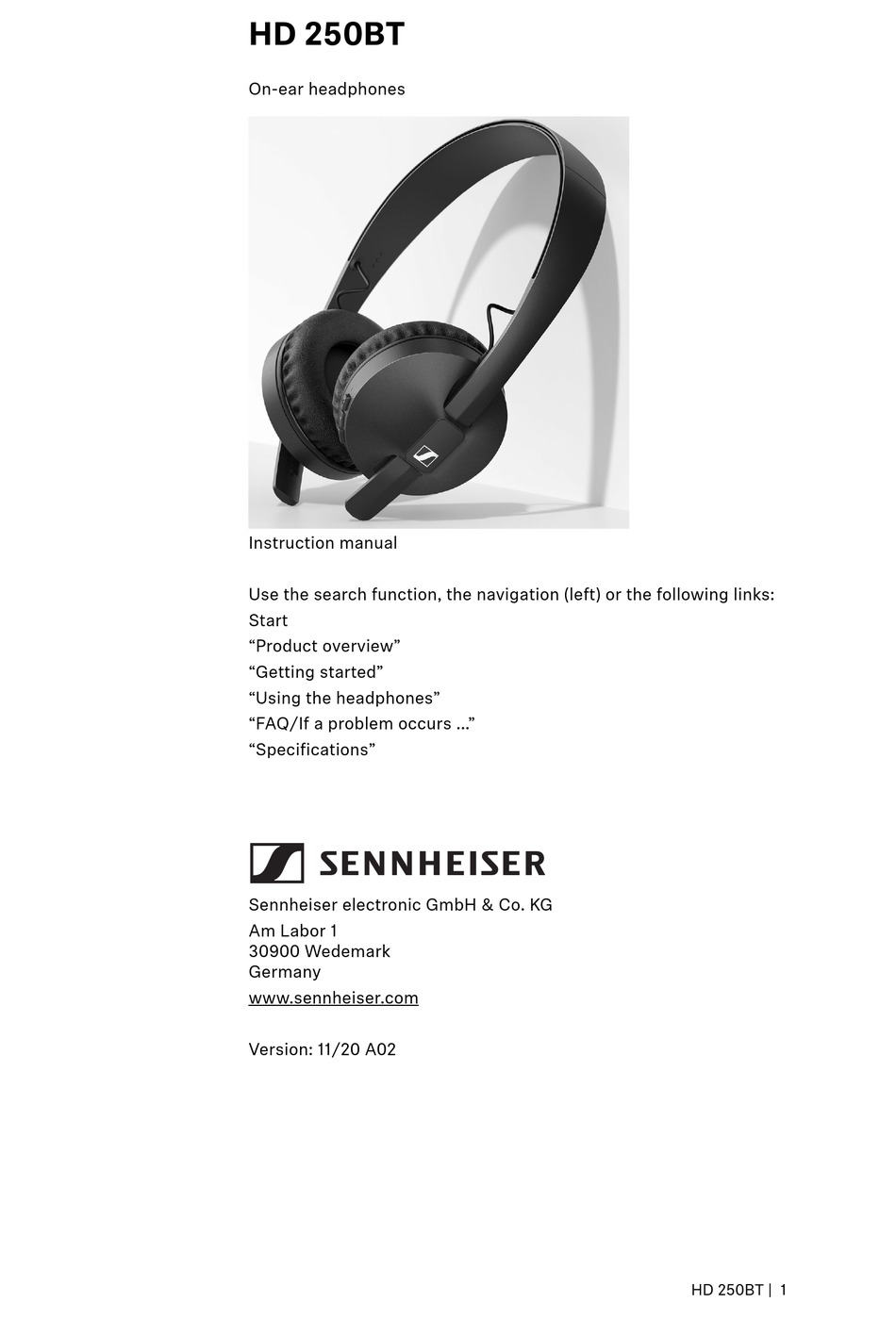 SENNHEISER HD 250BT INSTRUCTION MANUAL Pdf Download | ManualsLib