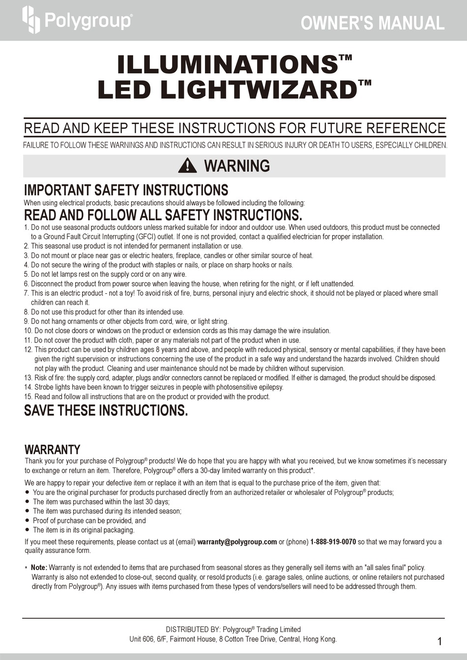 POLYGROUP ILLUMINATIONS LED LIGHTWIZARD PDR031120V OWNER'S MANUAL Pdf