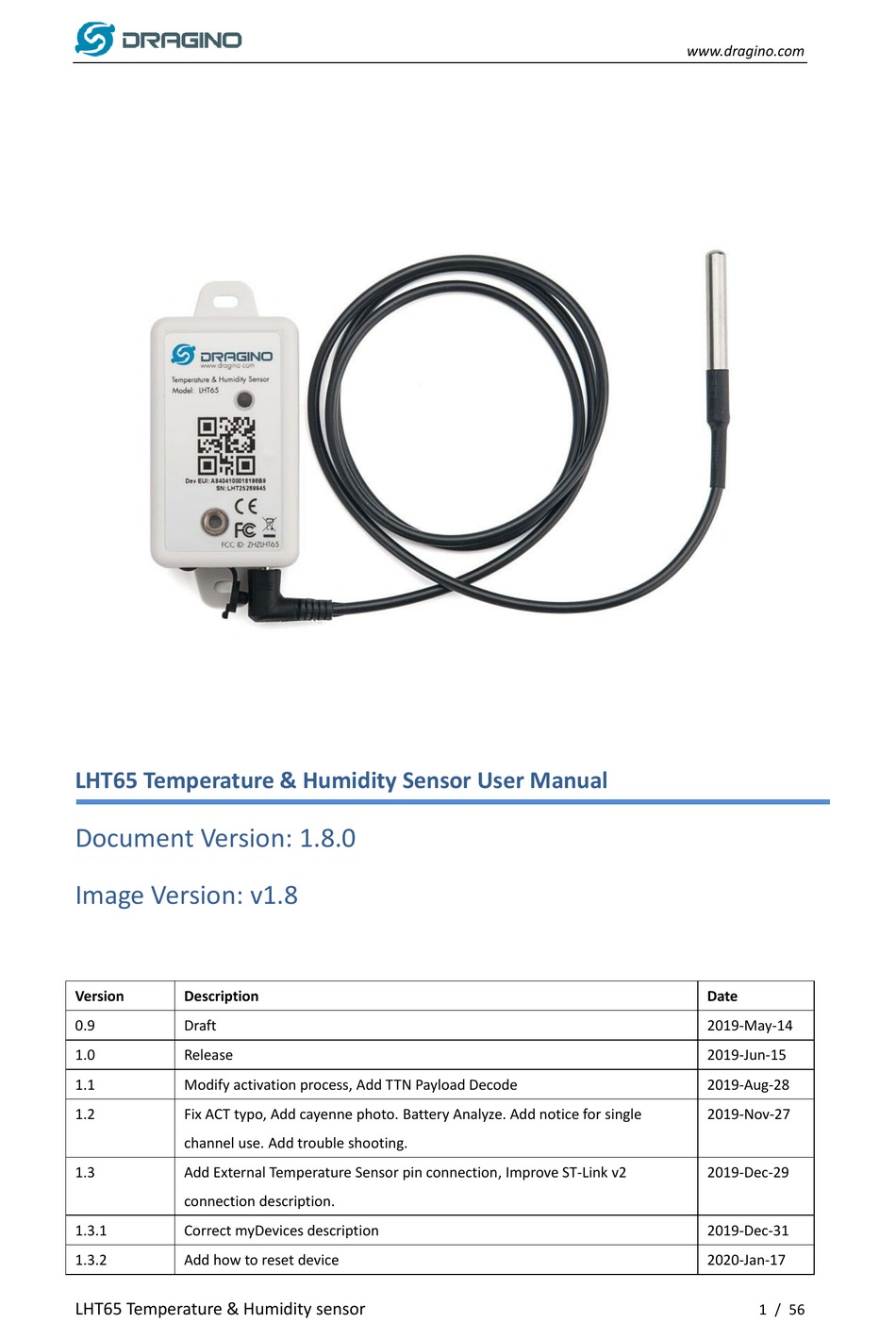 Dragino LHT65 LoRaWAN Temperature & Humidity Sensor DS18B20 Temperature Probe, 1 Meter, E1