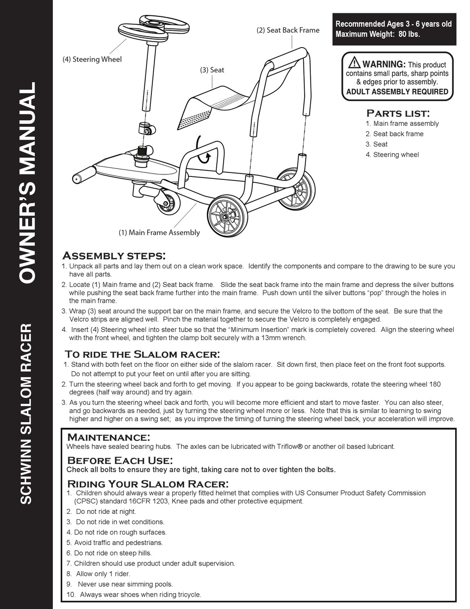 PACIFIC CYCLE SCHWINN SLALOM RACER OWNER'S MANUAL Pdf Download ManualsLib