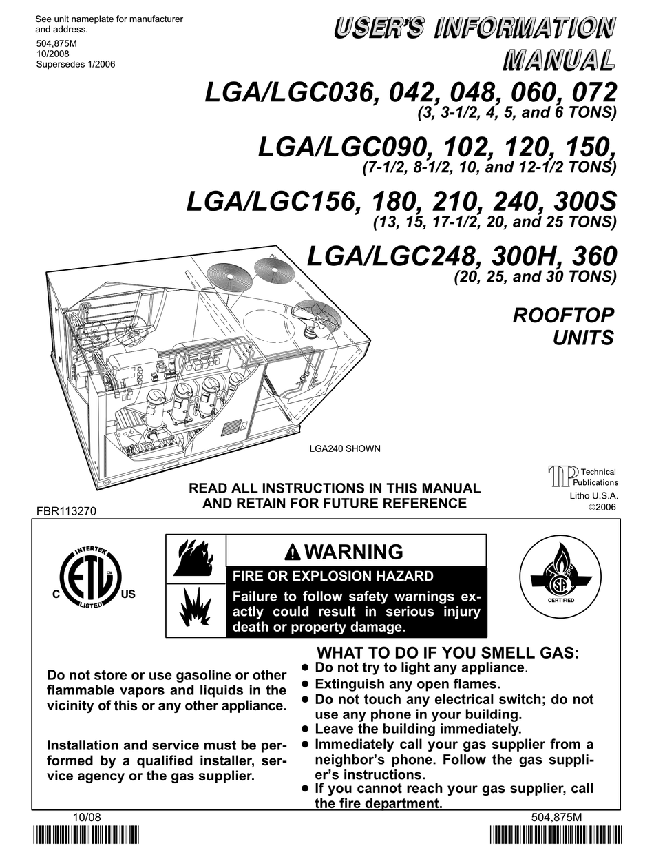 Unit Operation; For Your Safety Read Before Lighting - Lennox LGA042 User's  Information Manual [Page 4] | ManualsLib