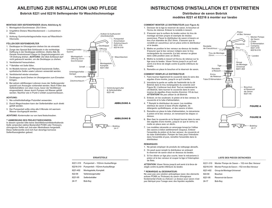 BOBRICK 8221 INSTRUCTION FOR INSTALLATION AND MAINTENANCE Pdf Download ...