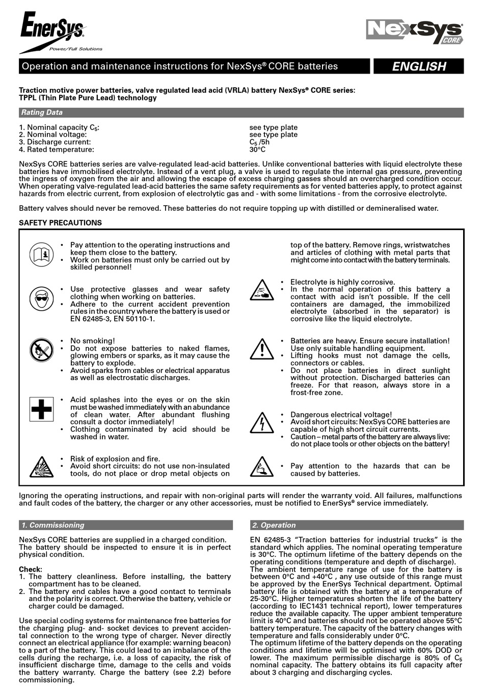 ENERSYS NEXSYS CORE SERIES OPERATION AND MAINTENANCE INSTRUCTIONS Pdf ...