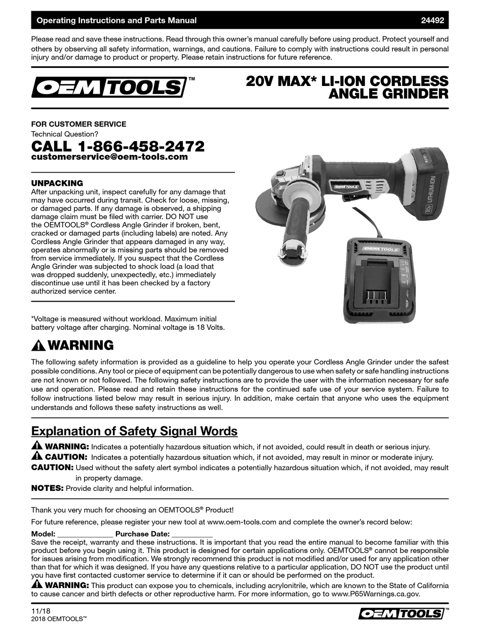 OEM TOOLS 24492 OPERATING INSTRUCTIONS AND PARTS MANUAL Pdf Download