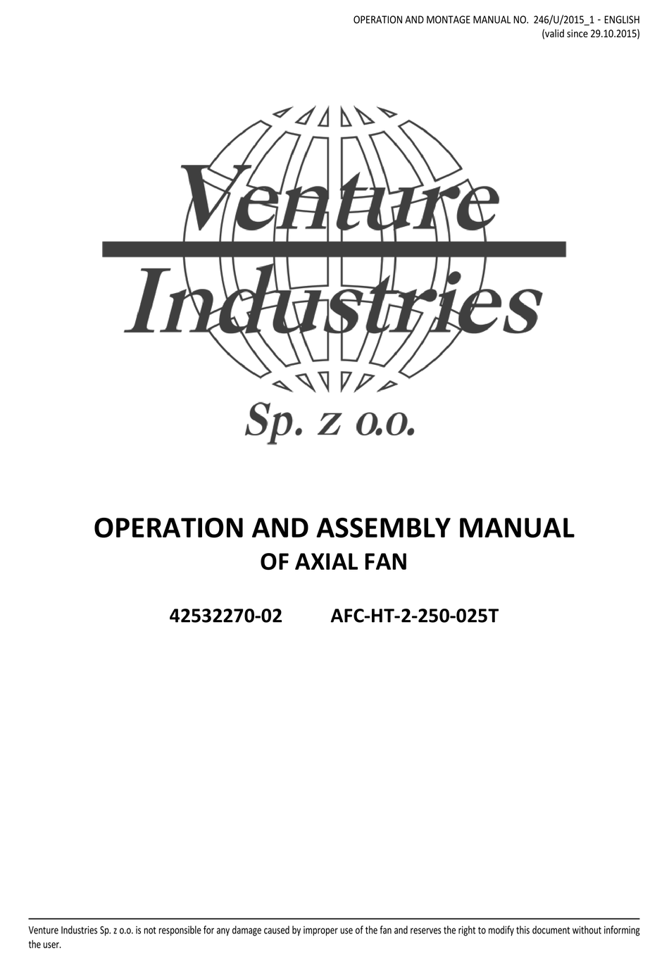 VENTURE INDUSTRIES AFC-HT-2-250-025T OPERATION AND ASSEMBLY MANUAL Pdf ...