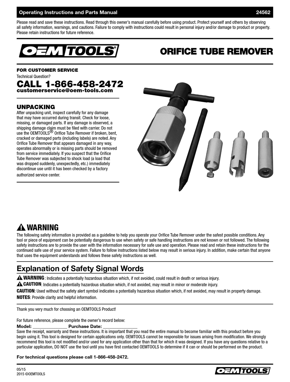 OEM TOOLS 24562 OPERATING INSTRUCTIONS AND PARTS MANUAL Pdf Download