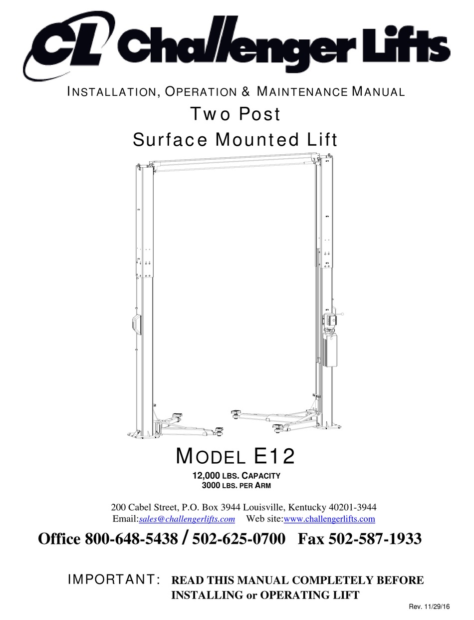 CHALLENGER LIFTS E12 INSTALLATION, OPERATION & MAINTENANCE MANUAL Pdf