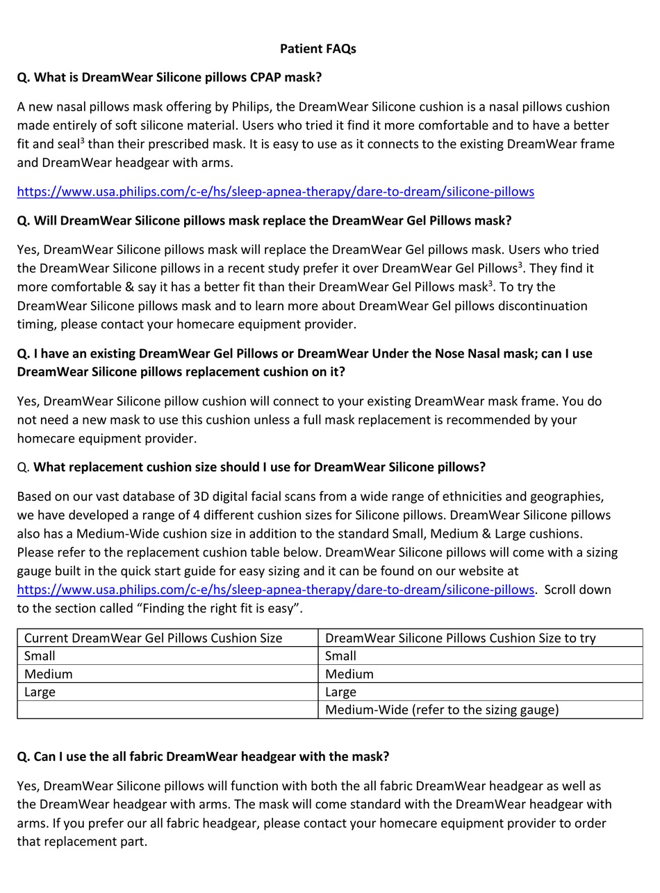PHILIPS DREAMWEAR SILICONE PILLOWS FAQ Pdf Download ManualsLib