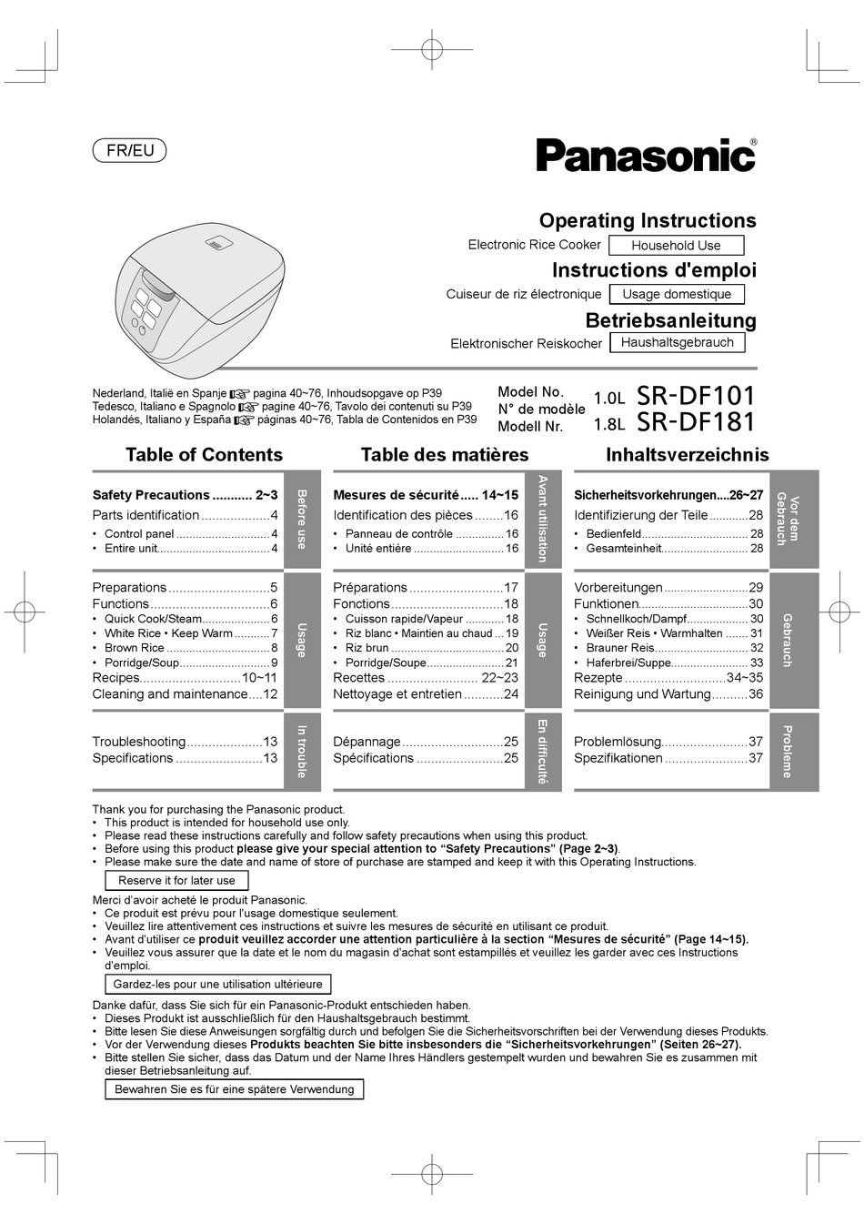 Panasonic Sr Df Operating Instructions Manual Pdf Download Manualslib