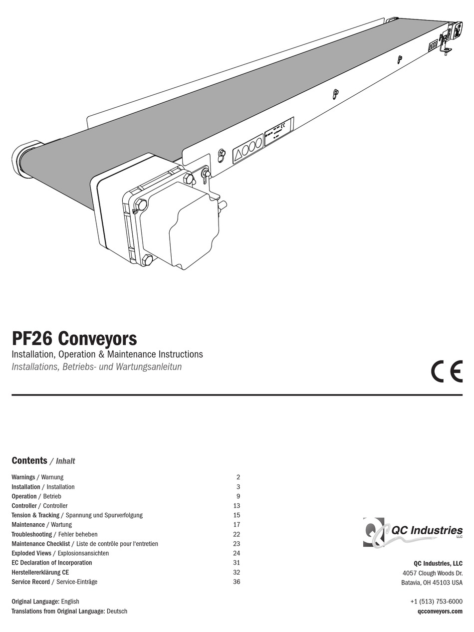 QC INDUSTRIES PF26 CONVEYORS INSTALLATION, OPERATION & MAINTENANCE