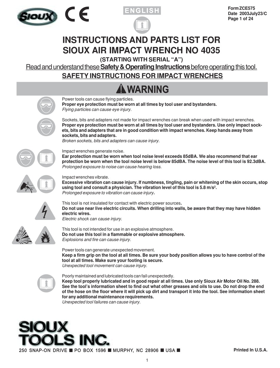 SIOUX TOOLS 4035 INSTRUCTIONS AND PARTS LIST Pdf Download ManualsLib