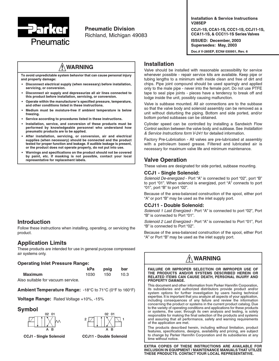 PARKER PNEUMATIC CCJ11S SERIES INSTALLATION & SERVICE INSTRUCTIONS Pdf