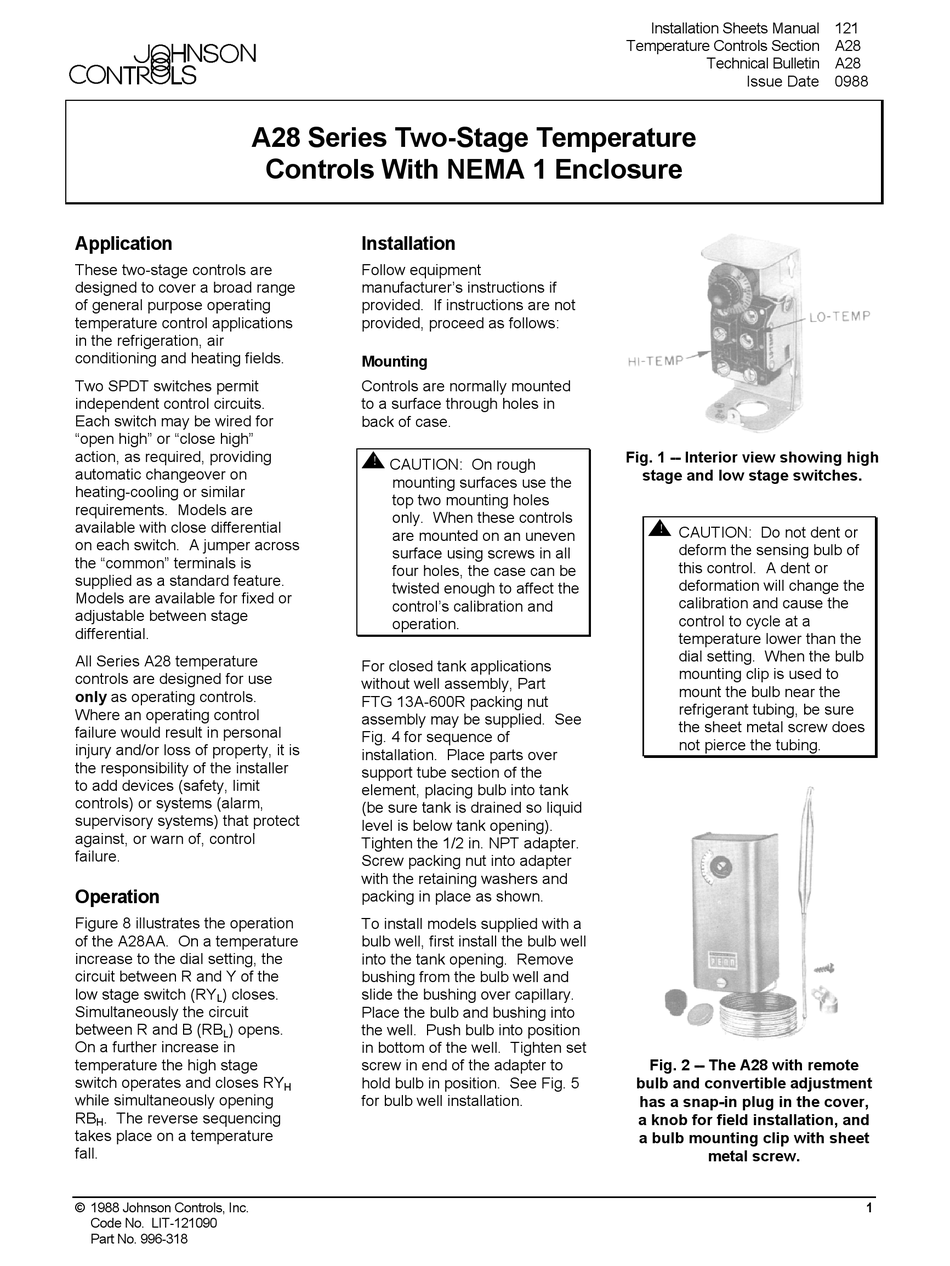 JOHNSON CONTROLS A28 SERIES INSTALLATION SHEETS MANUAL Pdf Download ManualsLib