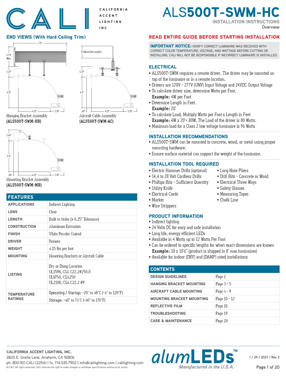 CALIFORNIA ACCENT LIGHTING ALS500TSWMHC INSTALLATION INSTRUCTIONS