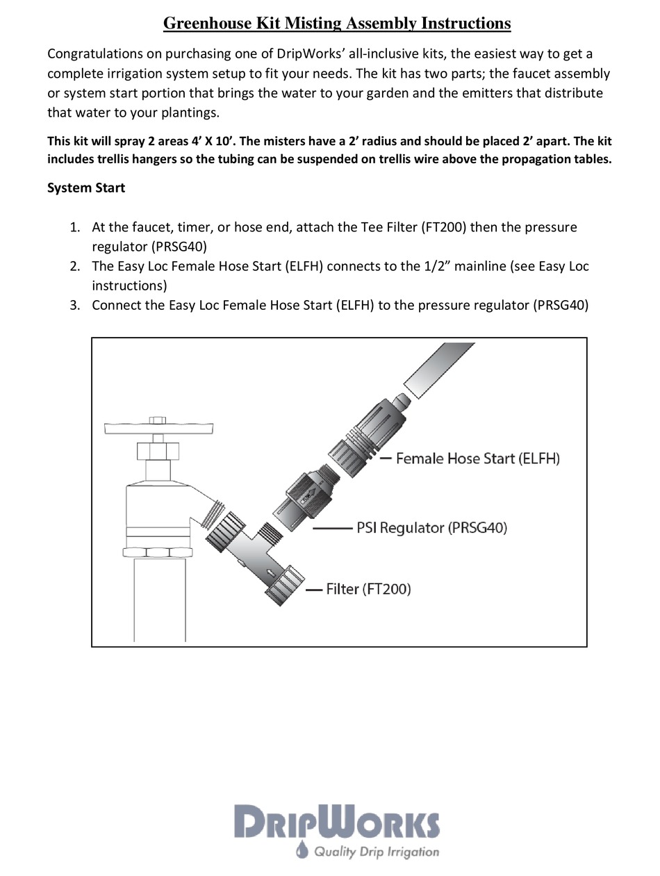 DRIPWORKS GREENHOUSE KIT ASSEMBLY INSTRUCTIONS Pdf Download ManualsLib