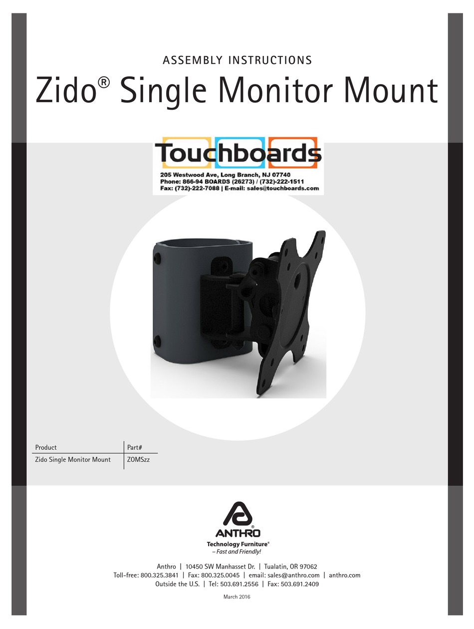 ANTHRO ZIDO SINGLE MONITOR MOUNT ASSEMBLY INSTRUCTIONS Pdf Download