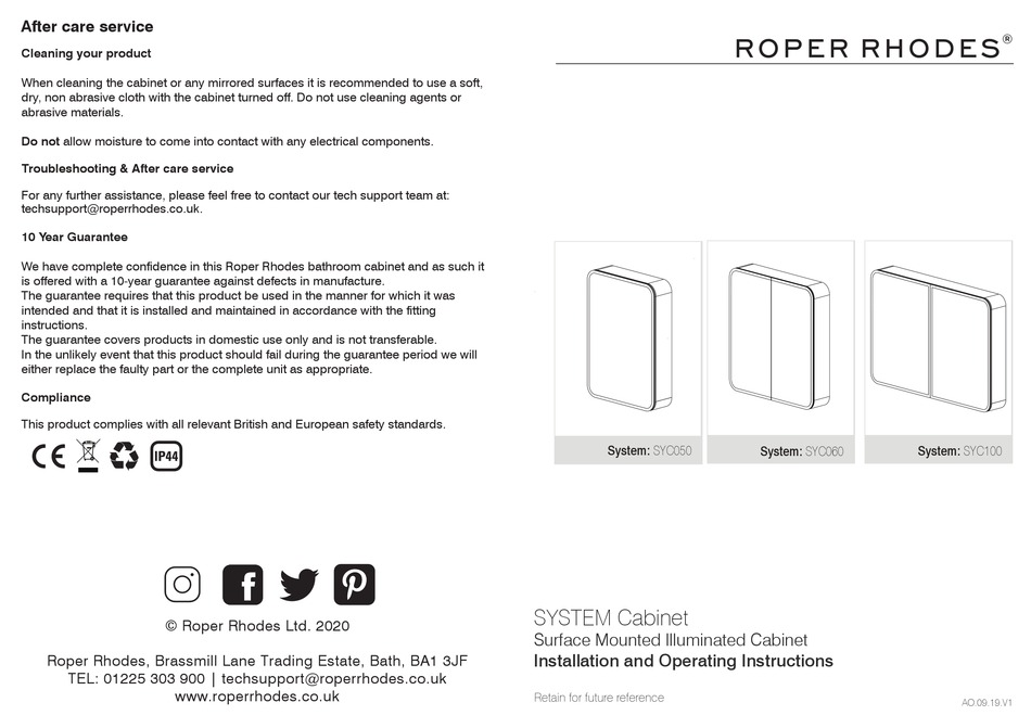 ROPER RHODES SYC050 INSTALLATION AND OPERATING INSTRUCTIONS Pdf