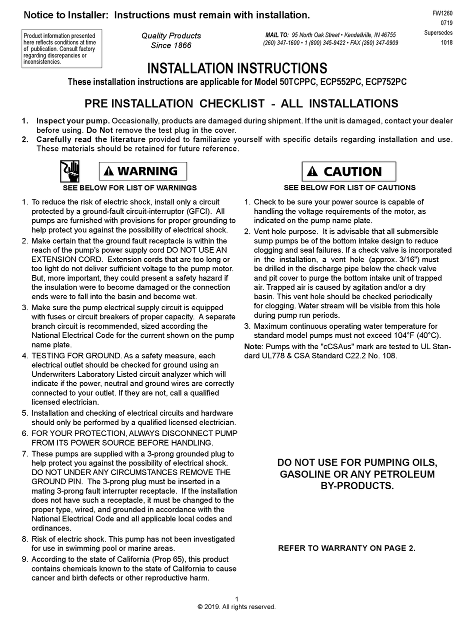 FLINT & WALLING 50TCPPC INSTALLATION INSTRUCTIONS Pdf Download ManualsLib