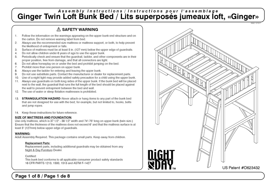 NIGHT & DAY FURNITURE GINGER TWIN LOFT BUNK BED ASSEMBLY INSTRUCTIONS