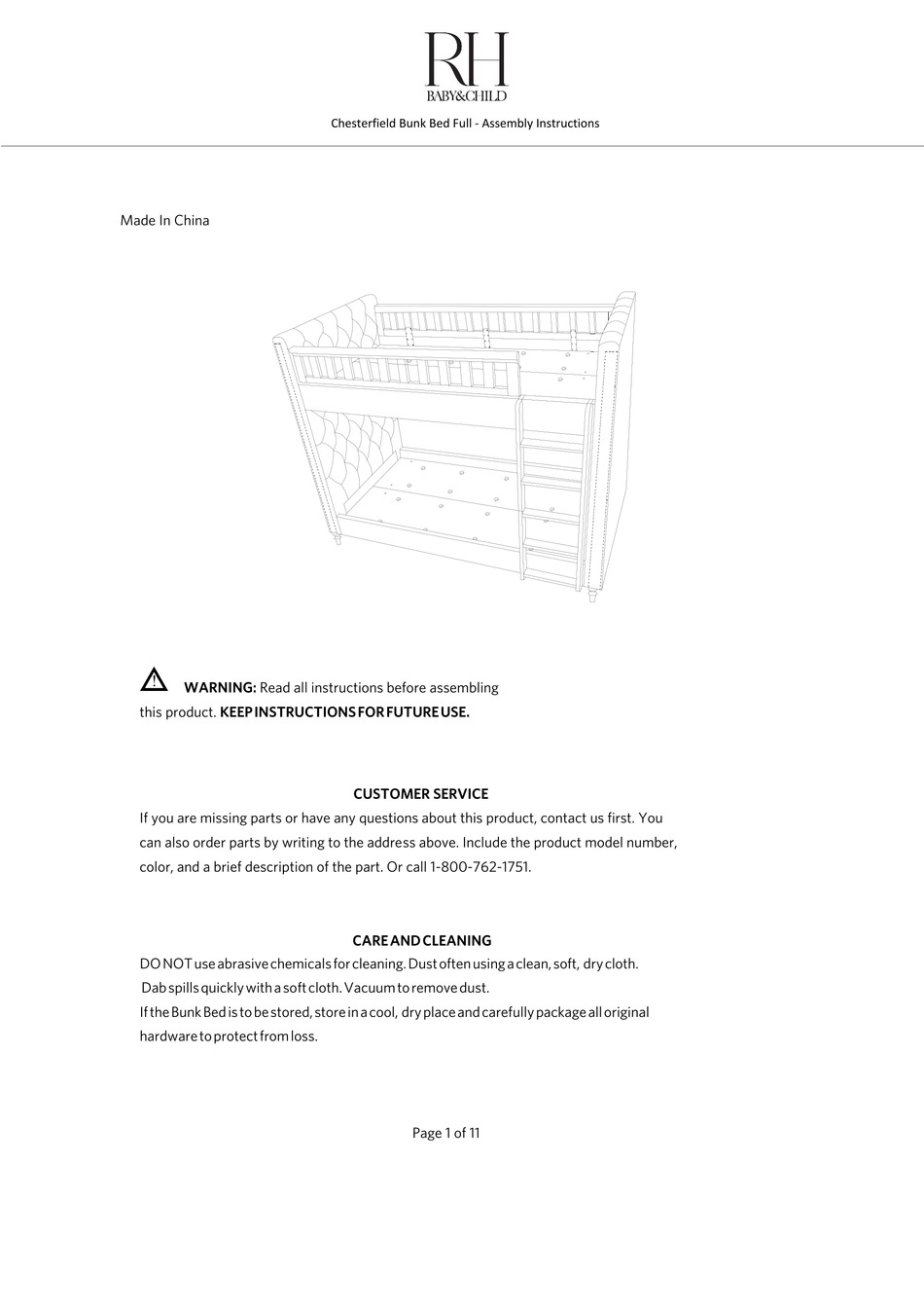 RH BABY&CHILD CHESTERFIELD BUNK BED ASSEMBLY INSTRUCTIONS MANUAL Pdf
