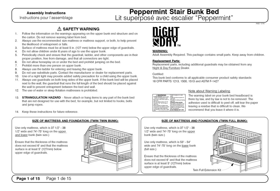 NIGHT & DAY FURNITURE PEPPERMINT STAIR BUNK BED ASSEMBLY INSTRUCTIONS
