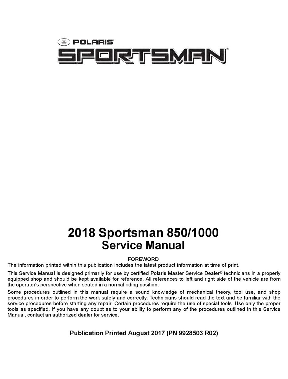 2018-2021 Polaris Sportsman 850 Sportsman 1000 OEM Service Manual 9850053
