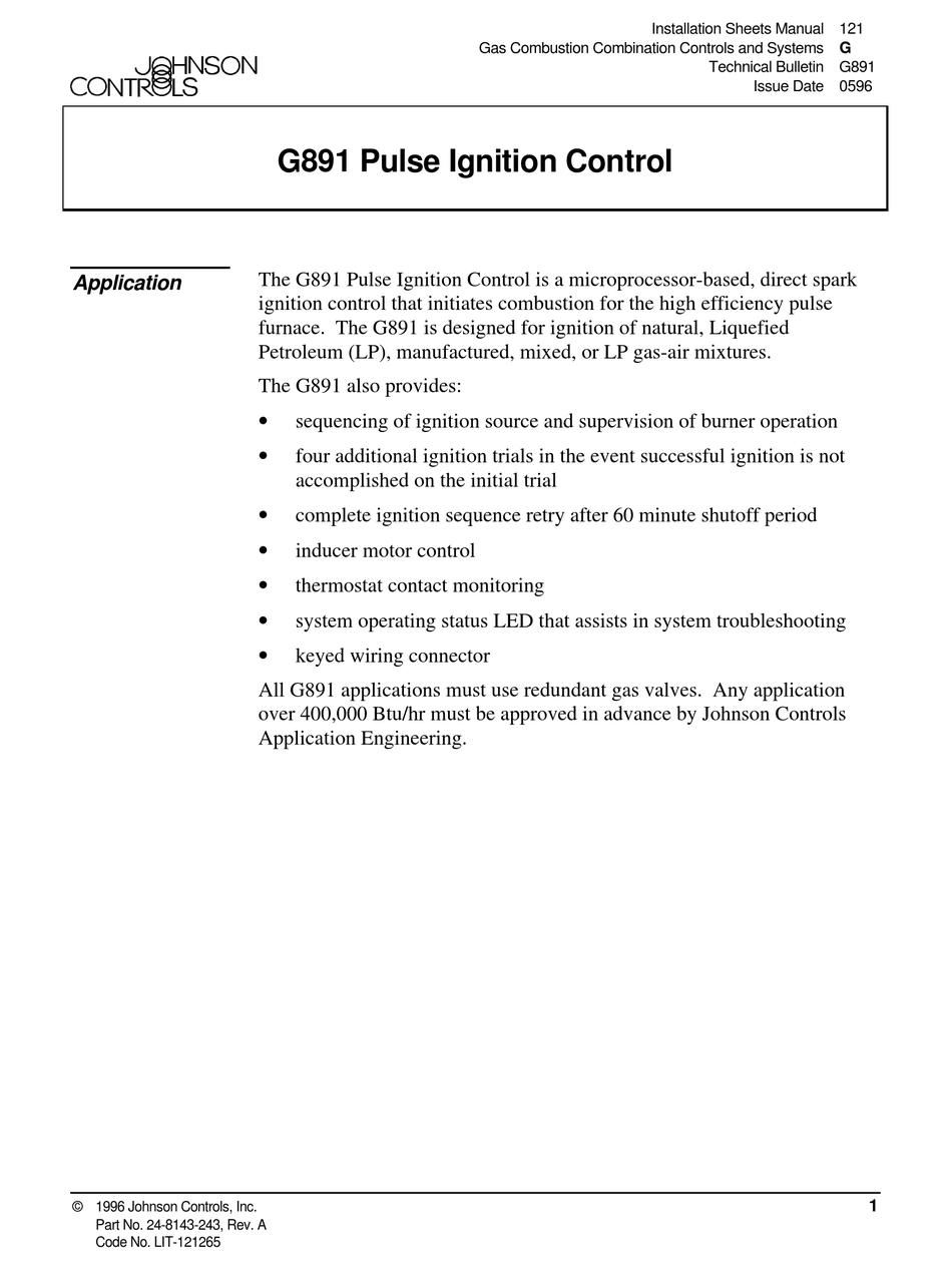 JOHNSON CONTROLS G891 INSTALLATION SHEETS MANUAL Pdf Download | ManualsLib