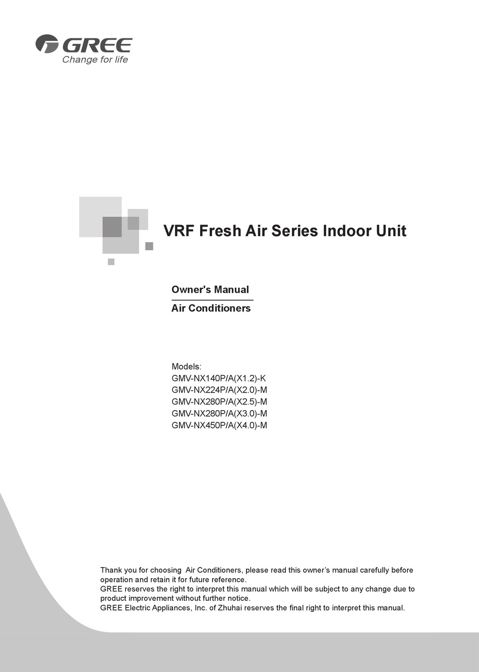 GREE GMV-NX140P/A(X1.2)-K OWNER'S MANUAL Pdf Download | ManualsLib