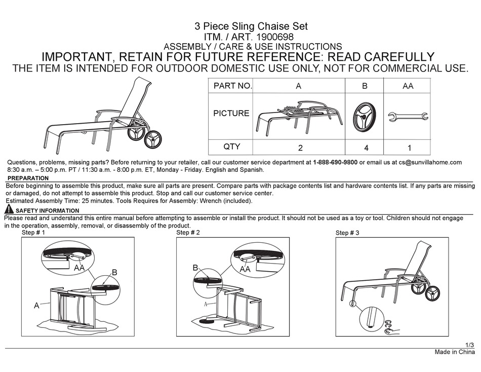 COSTCO 3 PIECE SLING CHAISE SET ASSEMBLY / CARE & USE INSTRUCTIONS Pdf ...