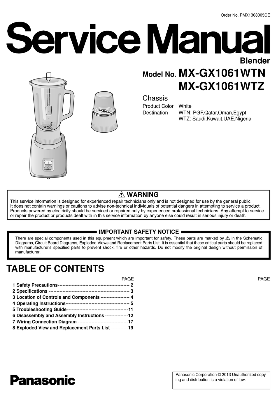 Panasonic Mx Gx1061wtn Service Manual Pdf Download Manualslib