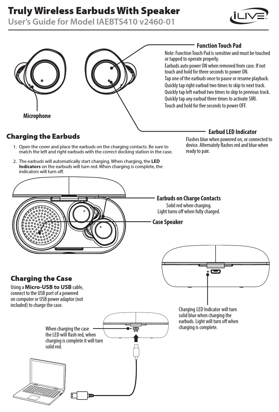 iLive IAEBT209 Truly Wireless Earbuds w/Microphone & Charging Case