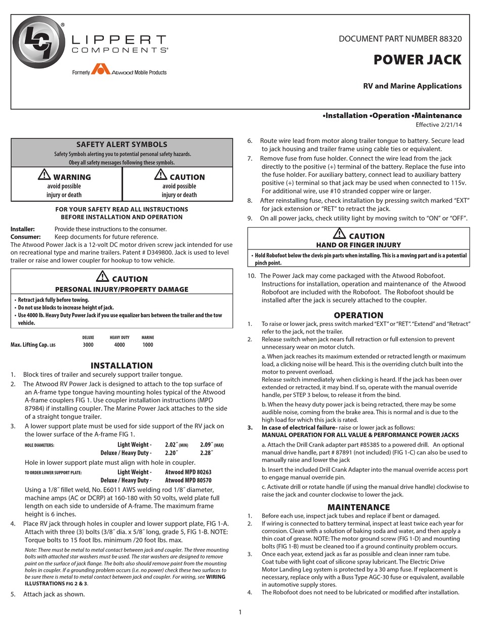 LIPPERT COMPONENTS ATWOOD RV POWER JACK INSTALLATION OPERATION