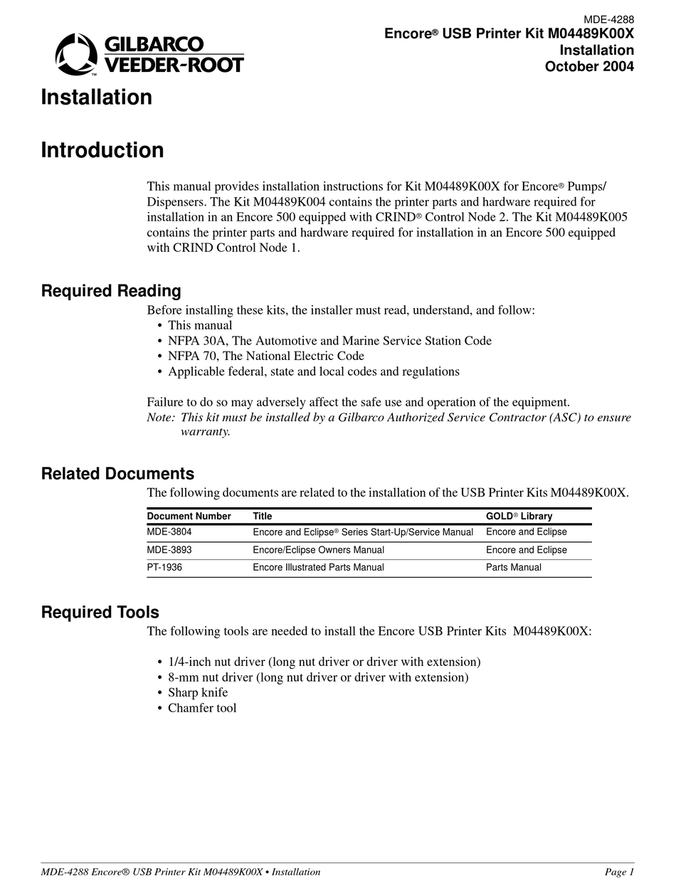 GILBARCO VEEDERROOT ENCORE M04489K00X INSTALLATION MANUAL Pdf Download