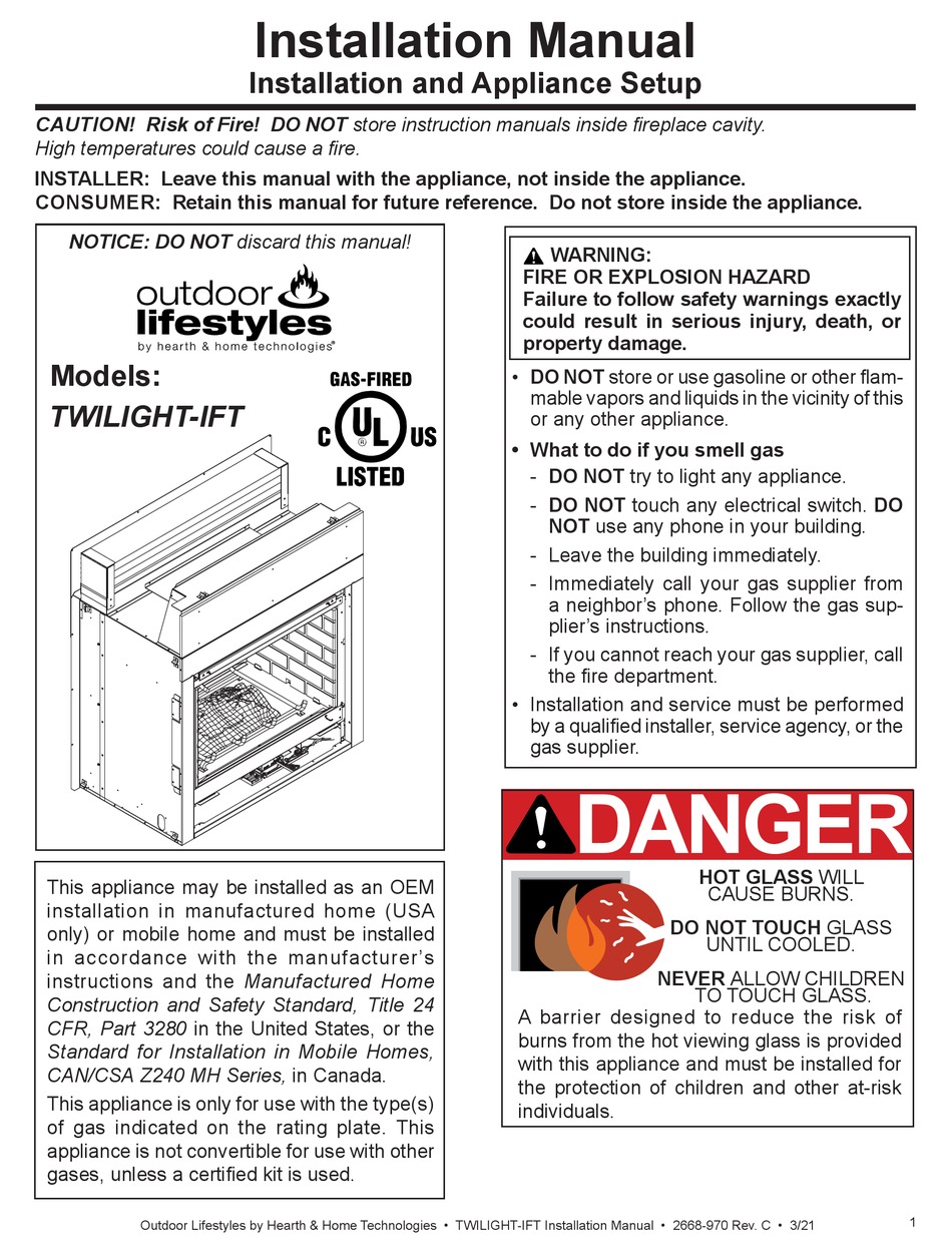 HEARTH & HOME OUTDOOR LIFESTYLES TWILIGHTIFT NG INSTALLATION MANUAL