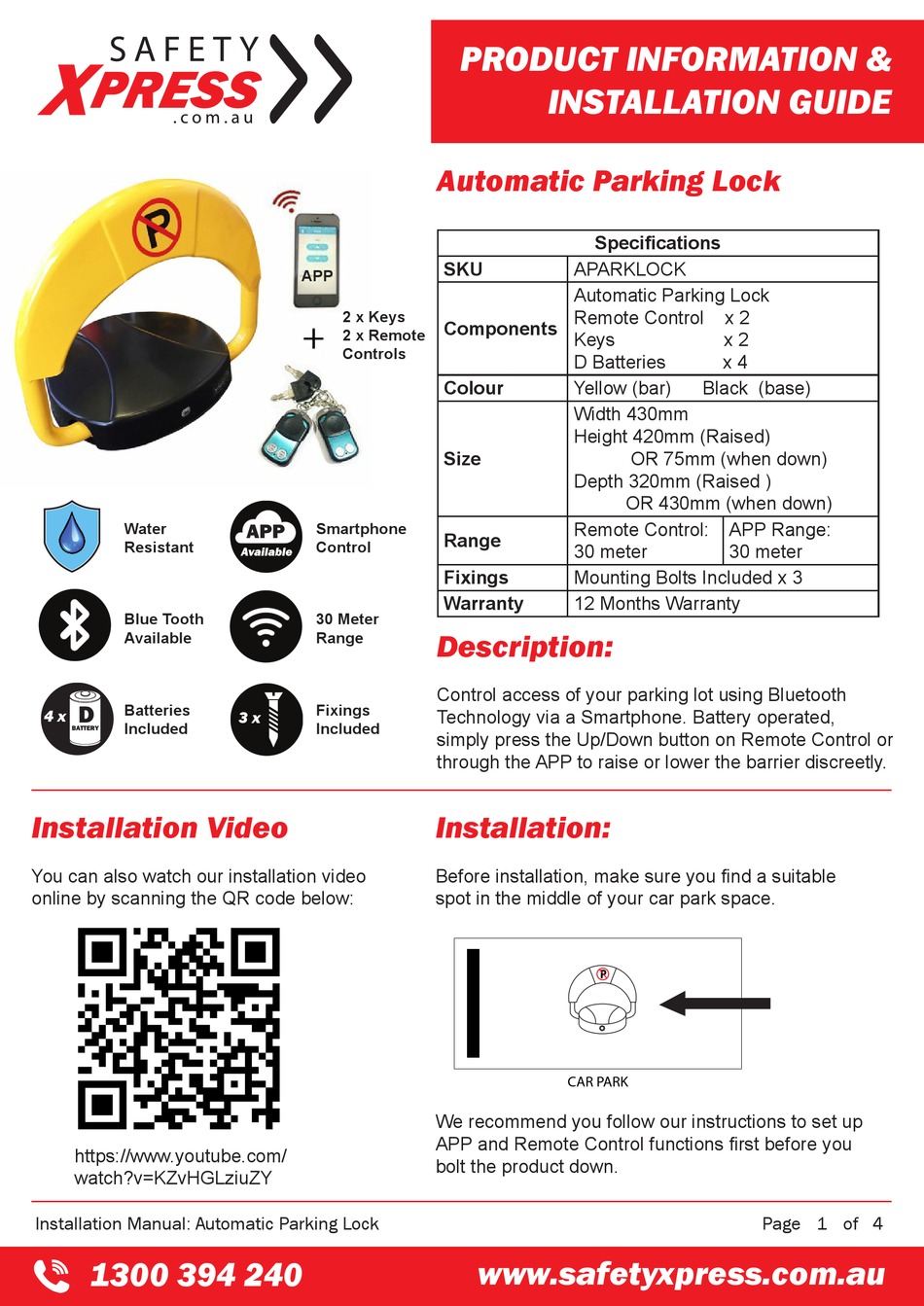 SAFETY XPRESS APARKLOCK PRODUCT INFORMATION & INSTALLATION MANUAL Pdf