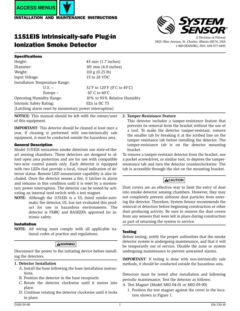 PITTWAY SYSTEM SENSOR 1151EIS INSTALLATION AND MAINTENANCE INSTRUCTIONS ...
