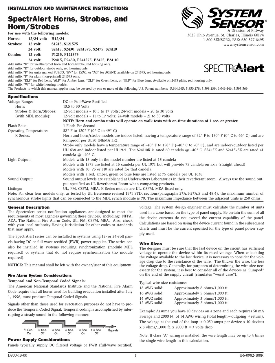 PITTWAY SYSTEM SENSOR SPECTRALERT H12 INSTALLATION AND MAINTENANCE ...