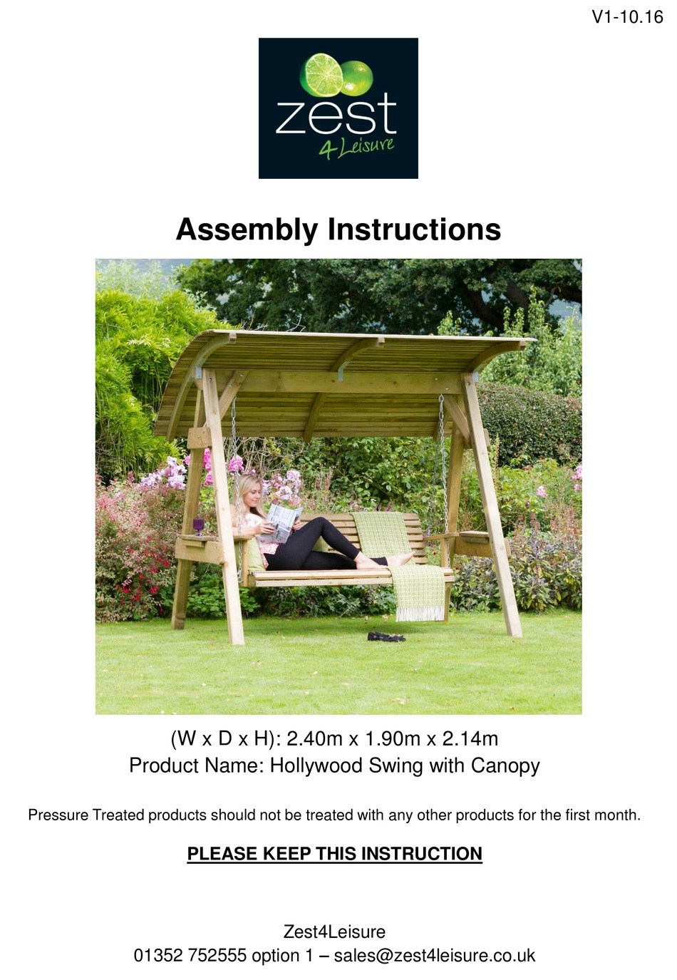 ZEST4LEISURE HOLLYWOOD SWING WITH CANOPY ASSEMBLY INSTRUCTIONS MANUAL